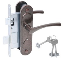 Замок врезной сувальдный с защёлкой в комплекте с ручкой ЗВ9.2-07 (медь антик), 3 кл.