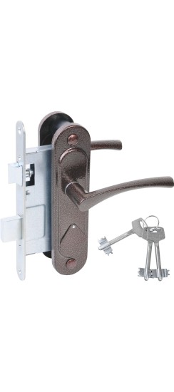 Замок врезной сувальдный с защёлкой в комплекте с ручкой ЗВ9.2-07 (медь антик), 3 кл.