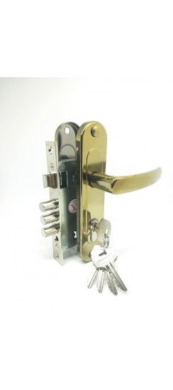 Замок врезной цилиндровый с защёлкой в комплекте с ручкой ЗВ7-60.1-02 (золото лак), 5 кл.