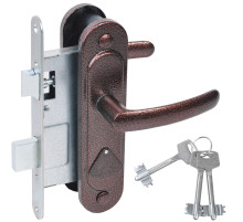 Замок врезной сувальдный с защёлкой в комплекте с ручкой ЗВ9.2-08 (медь антик), 3 кл.