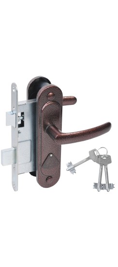 Замок врезной сувальдный с защёлкой в комплекте с ручкой ЗВ9.2-08 (медь антик), 3 кл.