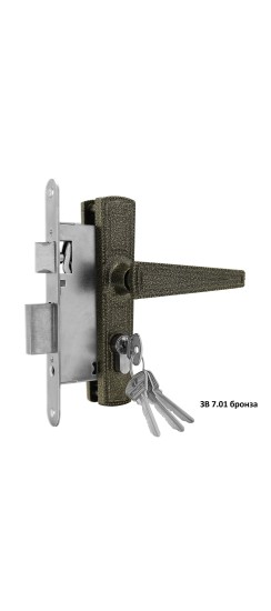 Замок врезной цилиндровый с защёлкой в комплекте с ручкой ЗВ7.01 (бронза), 4 кл.