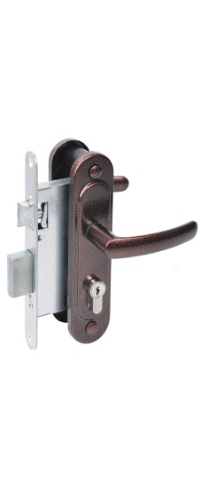 Замок врезной цилиндровый с защёлкой в комплекте с ручкой ЗВ4.2-08 (медь антик), 4 кл.