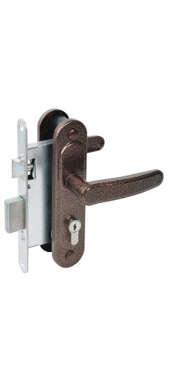 Замок врезной цилиндровый с защёлкой в комплекте с ручкой ЗВ4-3/03 (медь антик), 4 кл.