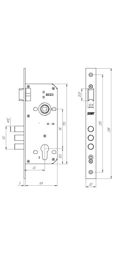 Замок врезной цилиндровый с защёлкой в комплекте с ручкой ЗВ4-85.3 (медь), 5 кл.