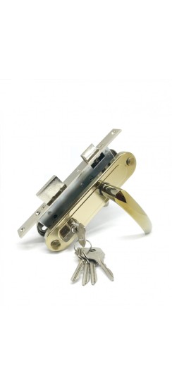Замок врезной цилиндровый с защёлкой в комплекте с ручкой ЗВ7-70.4-02 (золото лак), 5 кл.