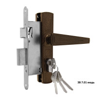 Замок врезной цилиндровый с защёлкой в комплекте с ручкой ЗВ7.01 (медь), 4 кл.