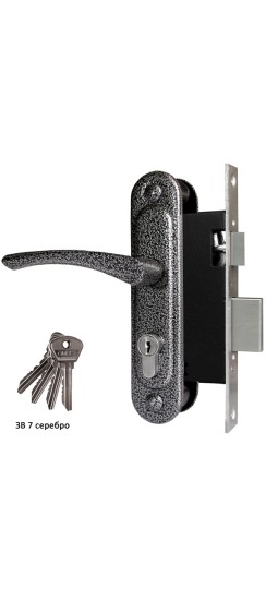 Замок врезной цилиндровый с защёлкой в комплекте с ручкой ЗВ7 (серебро), 4 кл.