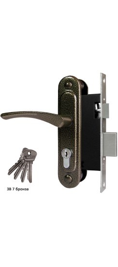 Замок врезной цилиндровый с защёлкой в комплекте с ручкой ЗВ7 (бронза), 4 кл.