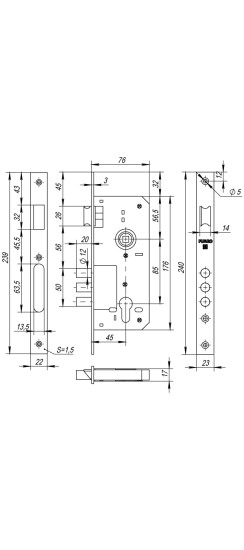 Корпус врезного замка с защёлкой DD900/C-45.85.3MR (900 3MR W/B) PB латунь