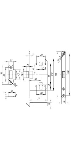 Корпус врезного замка c защёлкой PLASTP85C-50 (P85C-50) GR графит