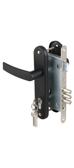 Замок врезной цилиндровый с защёлкой в комплекте с ручкой ЗВ4-3 (черный муар), 5 кл. /78401/