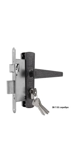 Замок врезной цилиндровый с защёлкой в комплекте с ручкой ЗВ7.01 (серебро), 4 кл.