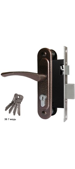 Замок врезной цилиндровый с защёлкой в комплекте с ручкой ЗВ7 (медь), 4 кл.