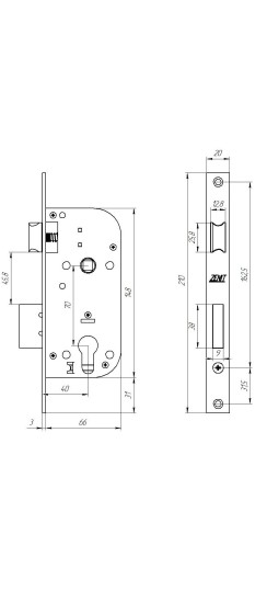 Замок врезной цилиндровый с защёлкой в комплекте с ручкой ЗВ7-70.4-02 (бронза), 5 кл.