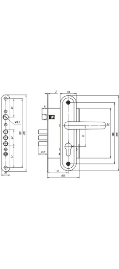 Корпус врезного замка с защелкой в комплекте с ручкой ЗВ4.009/17 (медь), 4 кл.