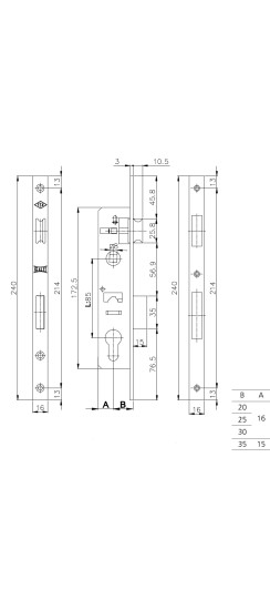 Корпус узкопрофильного замка с защёлкой 153/P (35 mm) w/b (хром)