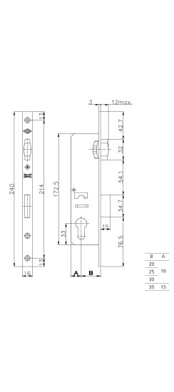 Корпус узкопрофильного замка с роликовой защёлкой 155/P (25 mm) w/b (хром) (без отв. планки)