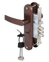 Замок врезной сувальдный с защёлкой в комплекте с ручкой ЗВ9-8/13 (медный антик), 3 кл. /84301/