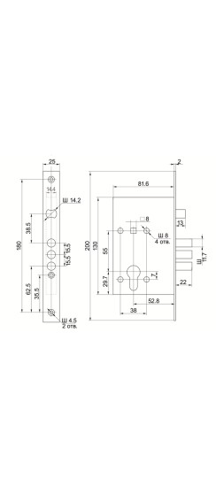 Корпус врезного замка с защёлкой ЗВ4-3/55 с ригелем 12 мм /78931/