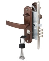 Замок врезной сувальдный с защёлкой в компл с ручкой ЗВ9-8.3/13(КЛП5-85)прав (медн ант), 3 кл/88010/