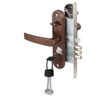Замок врезной сувальдный с защёлкой в компл с ручкой ЗВ9-8.3/13(КЛП5-85)прав (медн ант), 3 кл/88010/