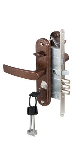 Замок врезной сувальдный с защёлкой в компл с ручкой ЗВ9-8.3/13(КЛП5-85)прав (медн ант), 3 кл/88010/