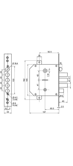 Замок врезной сувальдный с задвижкой и защёлкой ЗВ9-6 ЛКТЗ с тягами (лев.), 5 кл. /77405/