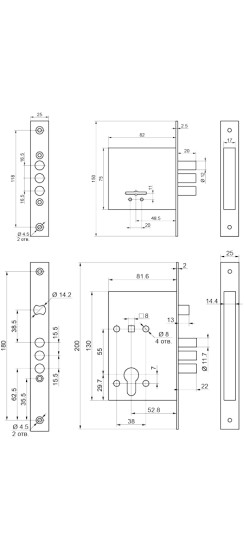 Комплект врезных замков BORDER Standart с ригелем 12 мм (ЗВ8-8У, ЗВ4-3/55), 3 кл. /76314+78931/