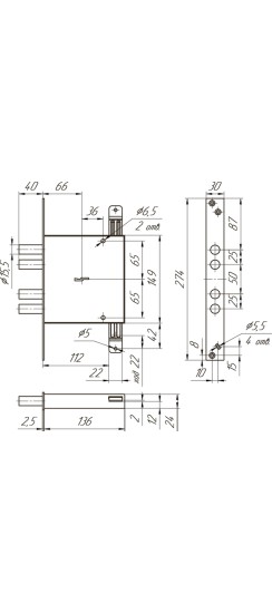 Замок врезной сувальдный ЗВ8 141.1.0 с тягами (ЗВСП-2Т-1) L-16, 5 кл.