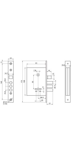 Замок врезной сувальдный с защёлкой в комплекте с ручкой ЗВ9-6/13 (медный антик), 3 кл. /77311/