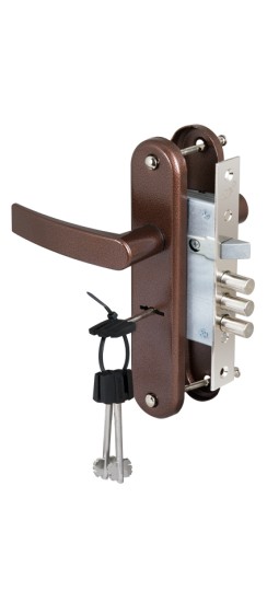 Замок врезной сувальдный с защёлкой в комплекте с ручкой ЗВ9-6/13 (медный антик), 3 кл. /77311/