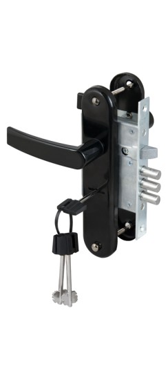 Замок врезной сувальдный с защёлкой в комплекте с ручкой ЗВ9-8/13 (черный муар), 3 кл. /76704/