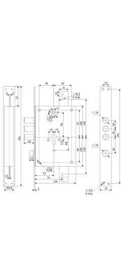 Корпус врезного замка с защёлкой ЗВ 22.12 с тягами (без планки) /123:131/