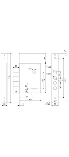 Замок врезной сувальдный с защёлкой ЗВ 30.04, 4 кл. (длинный кл. 59 мм) /123:185:2/