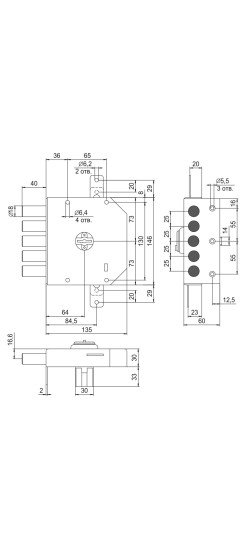 Замок накладной Гранит 1.06.52.КМА никель, сув., 5 риг., тяги, зап. коробка, медный антик /20433/