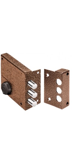 Замок накладной Кремень 1.04.61.КМА никель, сув., 3 риг., зап. коробка, медный антик