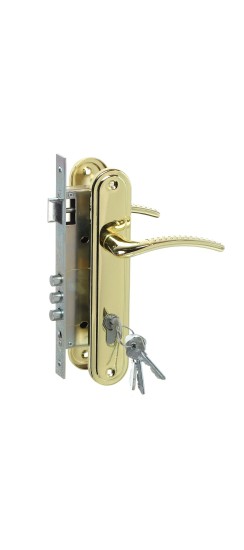 Замок врезной цилиндровый с защёлкой в комплекте с ручкой ЗВ4-85.27 (золото-лак), 4 кл.