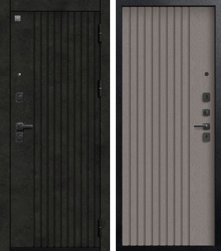 Входная дверь для квартиры В(V)-15 (2026) Черный муар + бетон темный + Софт ясень грей (860х2050, прав.)