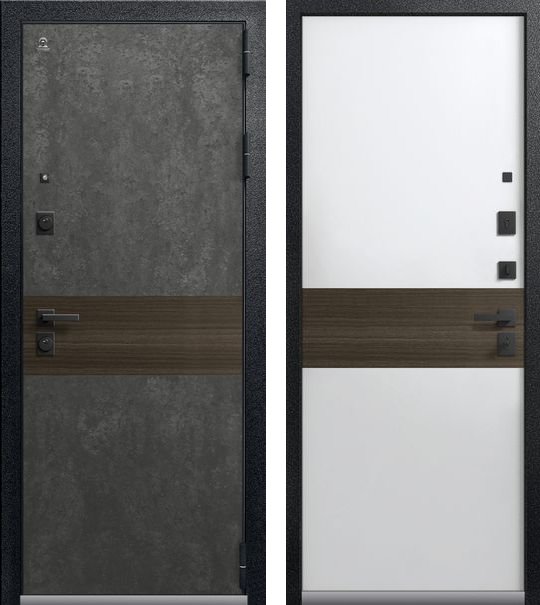 Входная дверь Люкс-2 Черный муар + серый камень + миндаль рифленый + Кашемир белый + миндаль рифленый