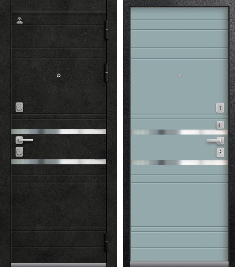 Входная дверь C-109 Черный муар + бетон темный + Кашемир аква