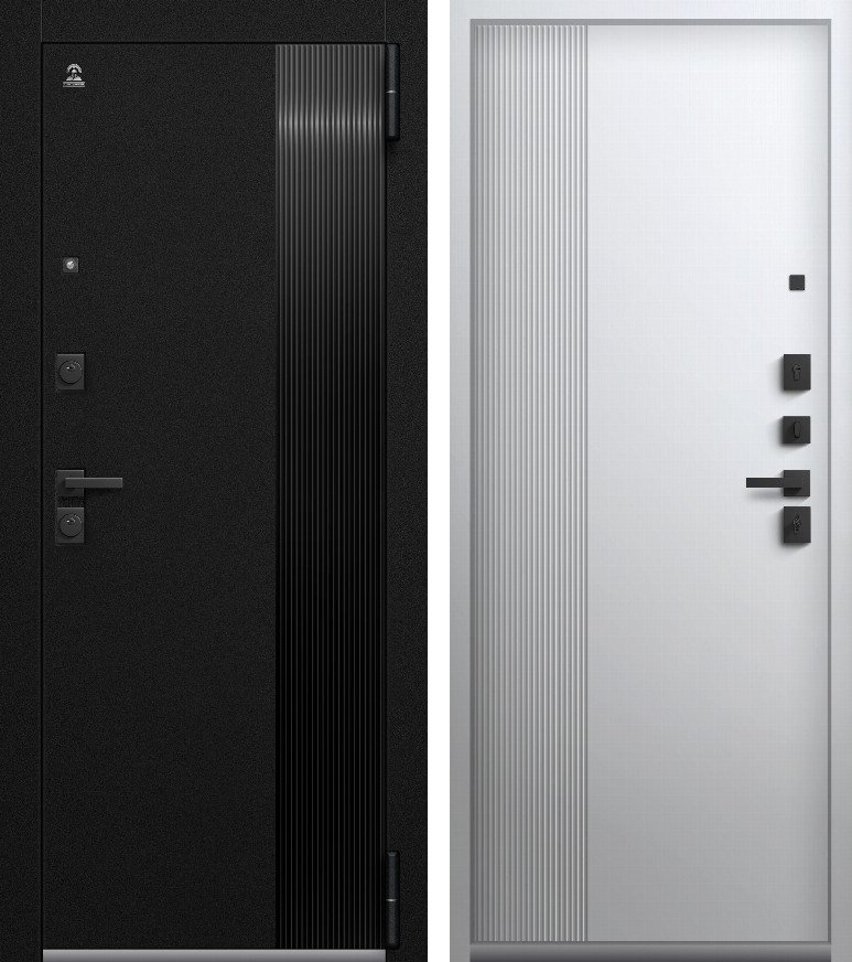 Входная дверь для квартиры Люкс-2 (2026) Черный муар+Корунд черный + Кашемир белый (860х2050, прав.)