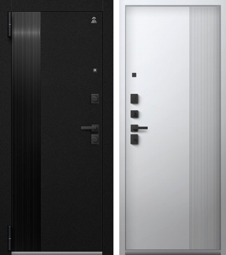 Входная дверь для квартиры Люкс-2 (2026) Черный муар+Корунд черный + Кашемир белый (860х2050, лев.)