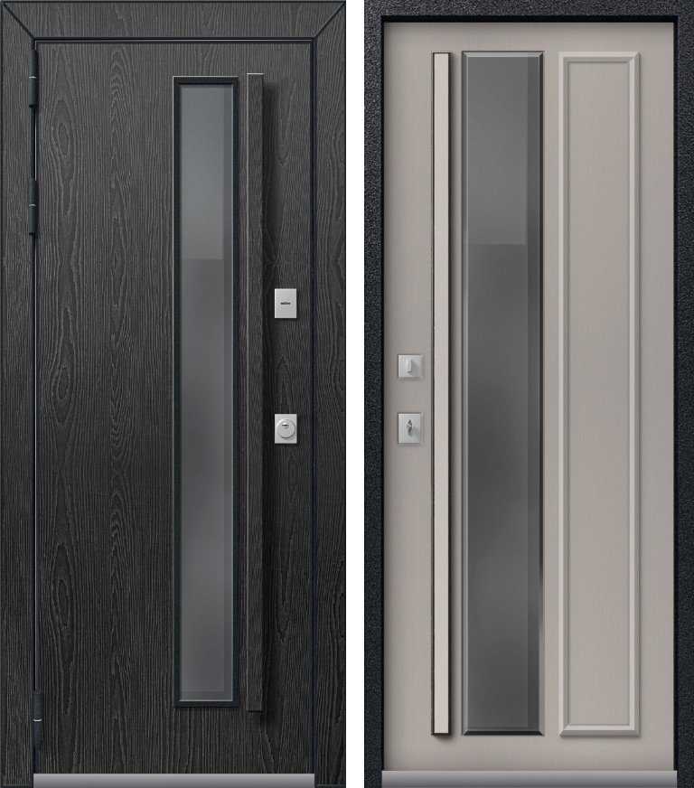 Входная дверь для дома Термо-5 Премиум электрозащелка Черный муар+распил графит + Софт ясень грей (860х2050, лев.)
