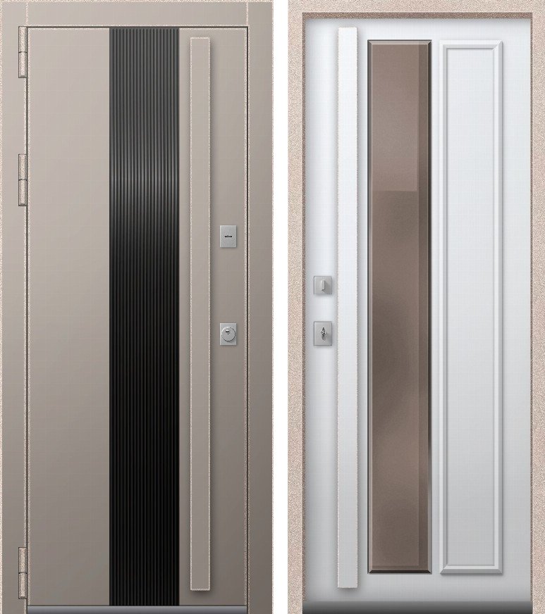 Входная дверь для дома Термо Премиум 5 (2026) Муар металлик жасмин + пластик бежевый + Кашемир белый (960х2050, лев.)