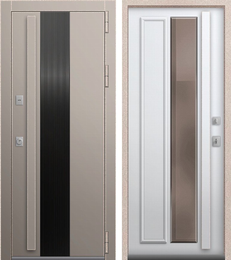 Входная дверь для дома Термо Премиум 5 (2026) Муар металлик жасмин + пластик бежевый + Кашемир белый (960х2050, прав.)