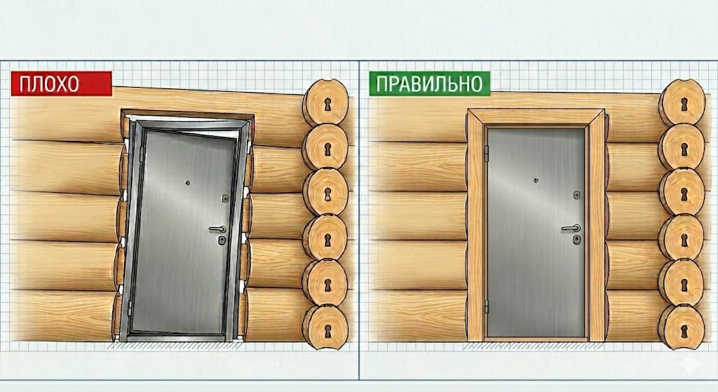 Сравнение правильной и неправильной установки двери в деревянный дом